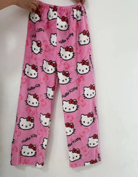 Sanrio Hello Kitty Y2k Kawaii Anime Flannel Pajamas Women'S Warm Woolen Cartoon Casual Home Pants Autumn Winter Fashion Trousers
