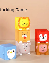 Cute Animals Blocks Toy Silicone Toys Rubber Months Cube 3D Sensory Kids Bath Touch 6 Pcs Grasp Stacking
