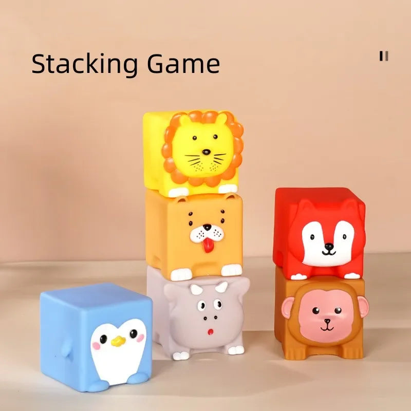 Cute Animals Blocks Toy Silicone Toys Rubber Months Cube 3D Sensory Kids Bath Touch 6 Pcs Grasp Stacking