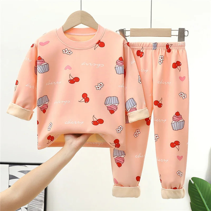 Kids Warm Pajama Sets Autumn Winter Plus Velvets Clothing Suits Boys Girls Fashion Print Pullover+Pants 2Pcs Outfits 1-14 Years