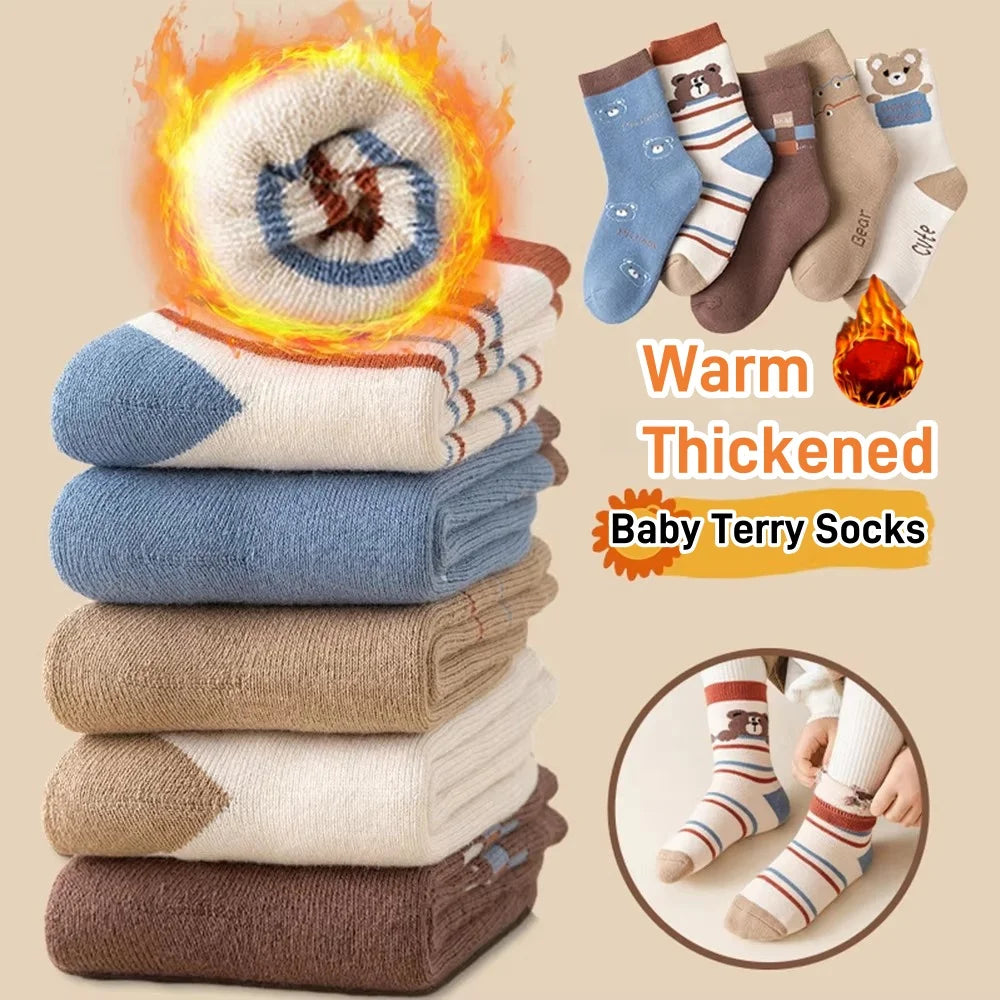 5 Pairs Baby Socks Winter Socks Thick Thermal Warm Socks Kids Cartoon Bear Cotton Socks For Boys Infant Snow Boot Calf Sock