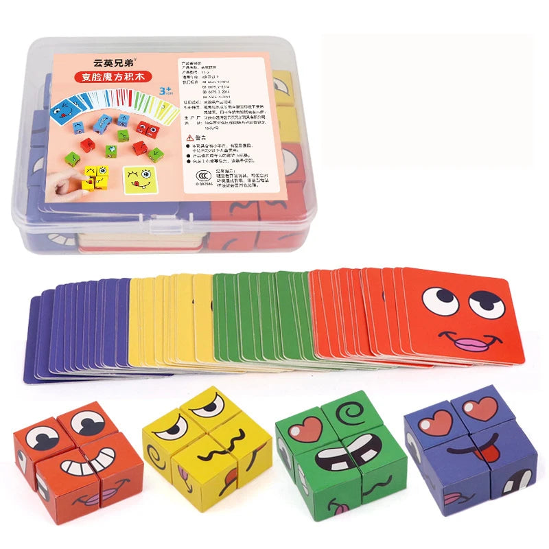 Kids Face Change Expression Puzzle Building Blocks Montessori Cube Table Game Toy Early Educational Toys for Children Gifts