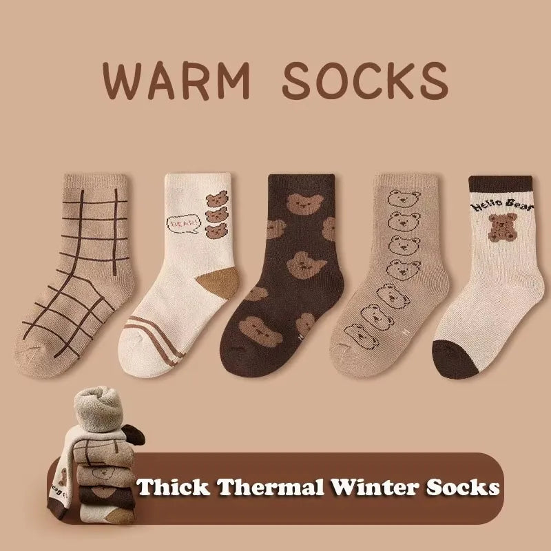 5 Pairs Baby Socks Winter Socks Thick Thermal Warm Socks Kids Cartoon Bear Cotton Socks For Boys Infant Snow Boot Calf Sock