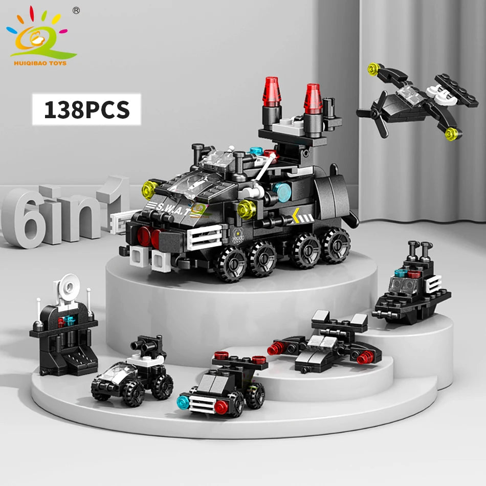 HUIQIBAO 6IN1 City Engineering Car Police Truck Building Blocks Tank Helicopter Bricks Fire Fighting Set Toys for Children