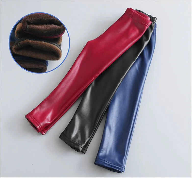 Baby Girls Leggings Winter Kids Thick Velvet Leggings Pencil Pants Children Warm Trousers Faux PU Leather Legging Slim Pant