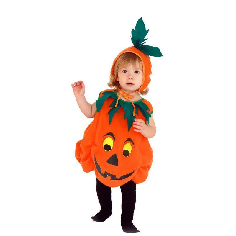 Kids Halloween Pumpkin Cosplay Costume for Toddler Boys Girls Stage Role Play Costumes Fancy Dress Tops+Hat Party Clothing Set