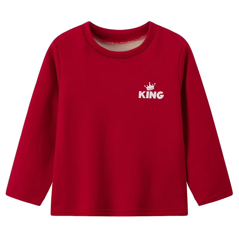 Autumn And Winter Children's Solid Color KING Letter Plus Velvet Long-sleeved Shirt Boy Casual Joker Thick Sweater Girl Sports T