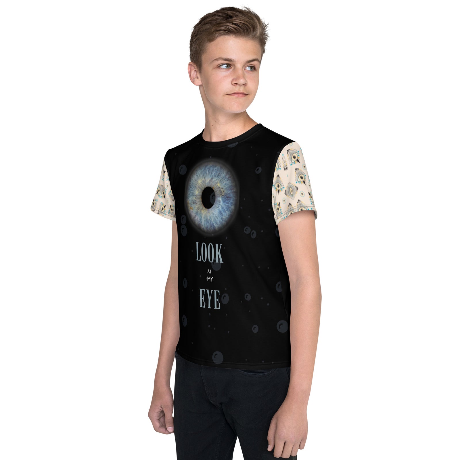 👁️ Youth Crew Neck T-Shirt: TryKid Logo with Eye Pattern | Embrace the 'Look at My Eye' Trend 🌟
