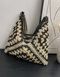 Young Girls Fashion Handmade Straw Woven Hollow Contrast Color Weave Shoulder Bag

