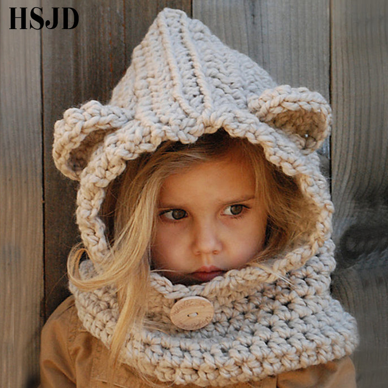 Girls Hats Handmade Kids Winter Hats Wrap Bear Scarf Caps Cute Autumn Children Cartoon Bear Knitted Hats - TryKid