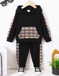 Children's Fashion Plaid Long-sleeved Hoodie Top Printed Checks Sweatpants Suit
