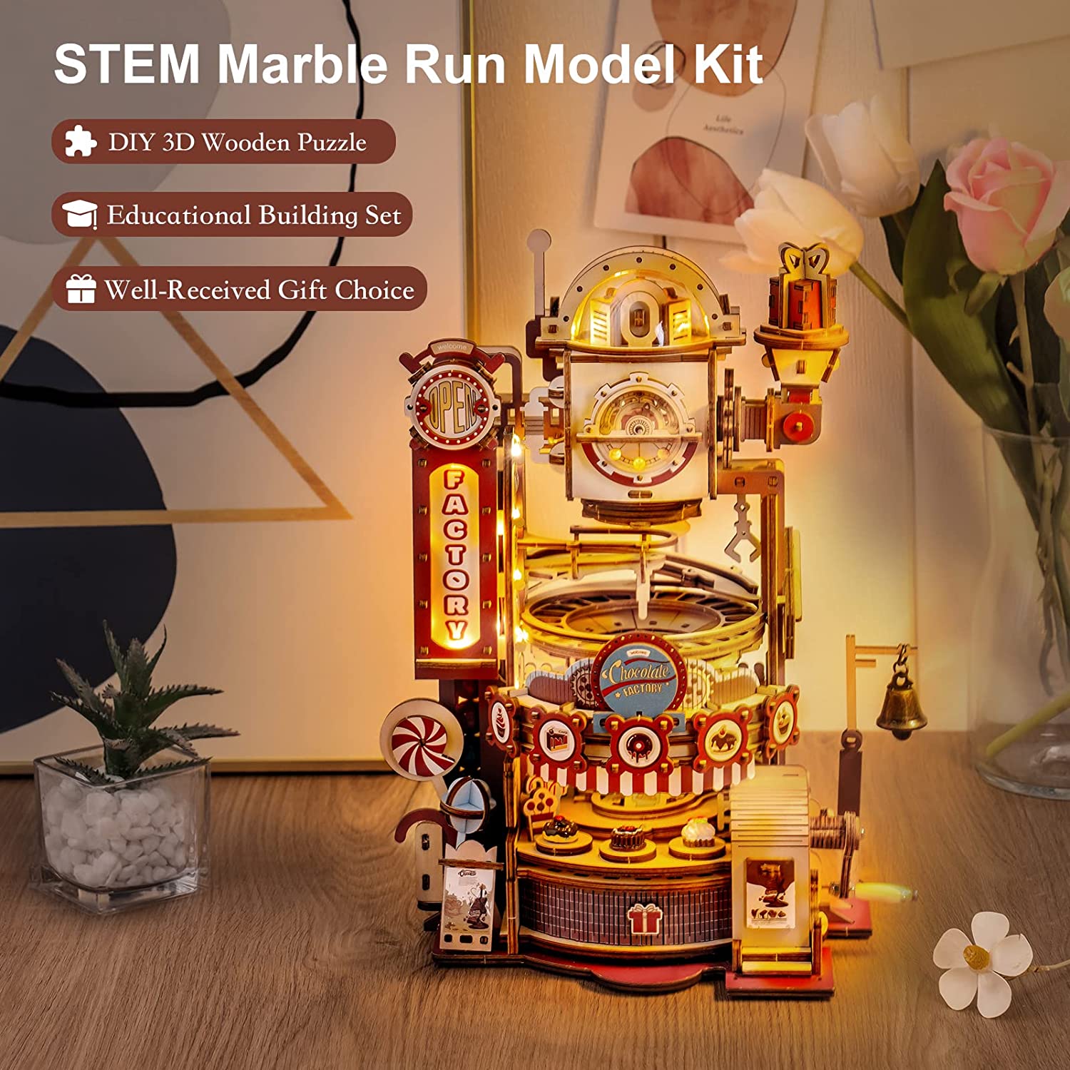 Robotime ROKR Marble Chocolate Factory 3D Wooden Puzzle Games Assembly Model Building Toys For Children Kids Birthday Gift - TryKid