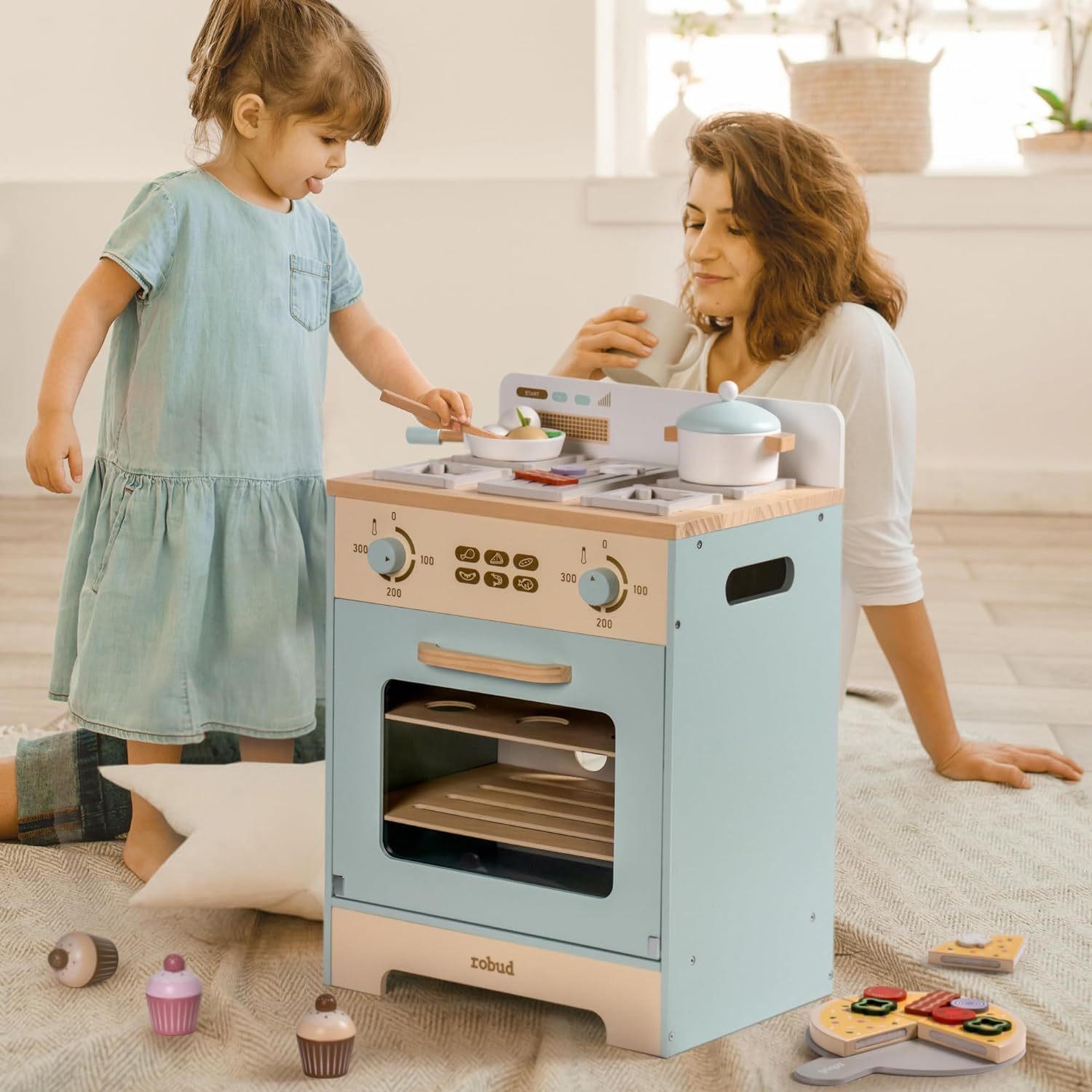 Robotime Robud Pretend Play Wooden Oven Play Refrigerator For Kids Toddlers