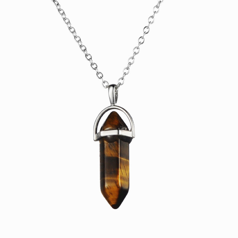 European And American Fashion Natural Crystal Hexagonal Column Pendant Necklace, Crystal Stone Faceted Diamond Pendant