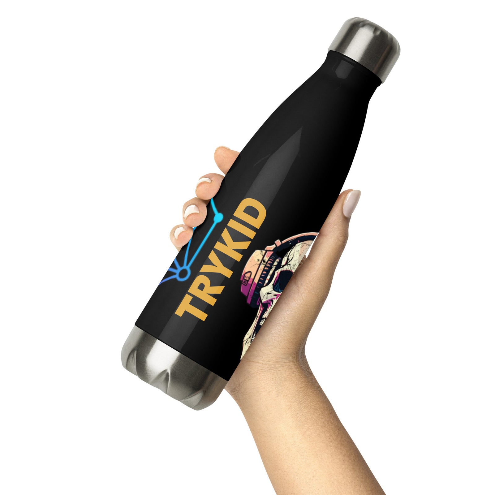 Stainless steel water bottle with skull and chemistry puzzle and TRYKID log trending and stylish
