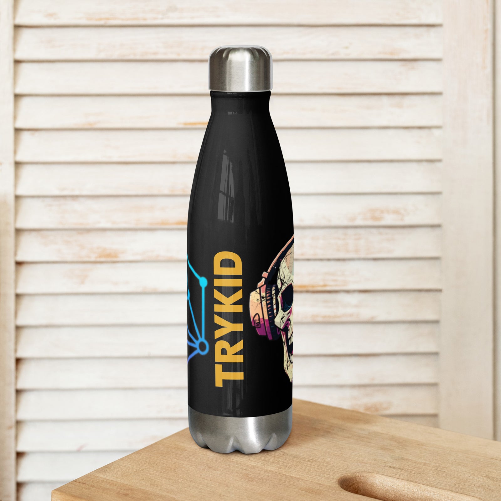 Stainless steel water bottle with skull and chemistry puzzle and TRYKID log trending and stylish